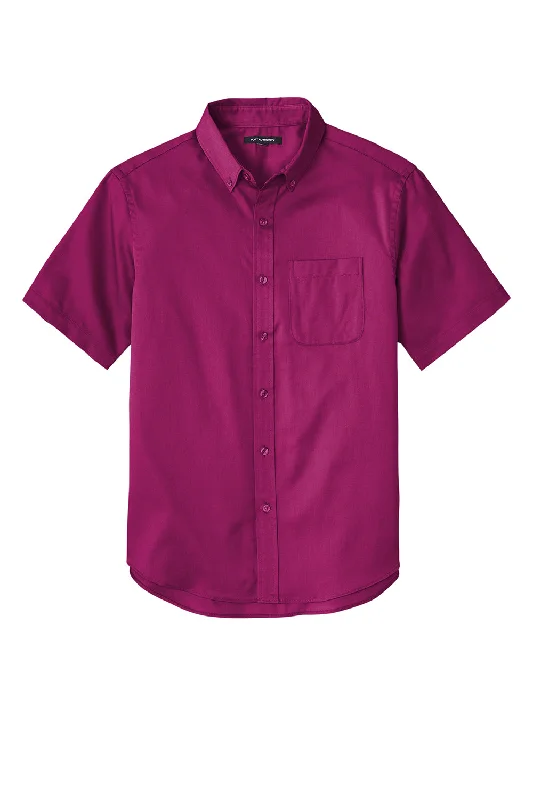 Port Authority Mens SuperPro Wrinkle Resistant React Short Sleeve Button Down Shirt w/ Pocket - Wild Berry