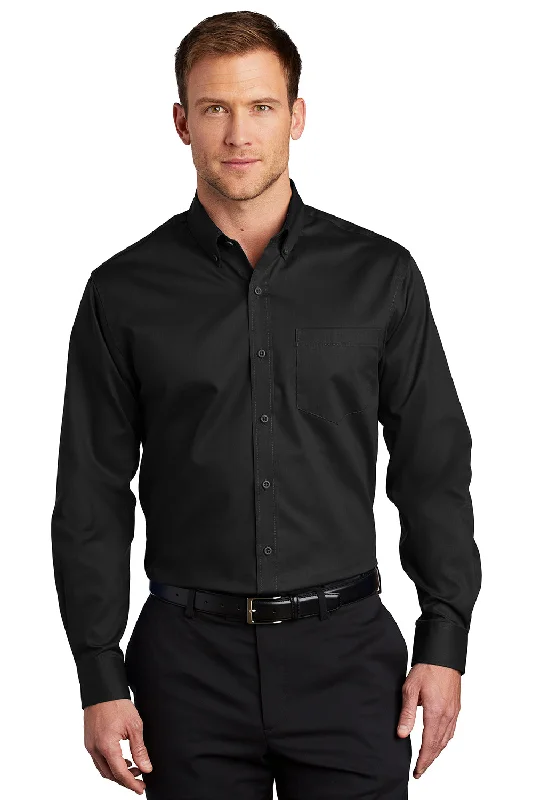 Port Authority Mens SuperPro Wrinkle Resistant Long Sleeve Button Down Shirt w/ Pocket - Black