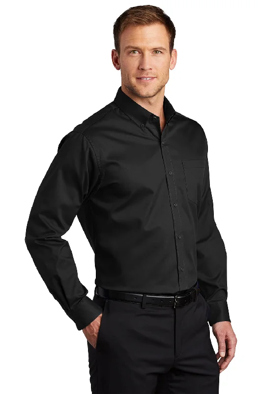 Port Authority Mens SuperPro Wrinkle Resistant Long Sleeve Button Down Shirt w/ Pocket - Black