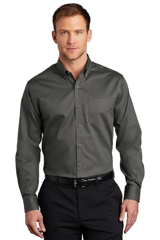 Port Authority Mens SuperPro Wrinkle Resistant Long Sleeve Button Down Shirt w/ Pocket - Sterling Grey