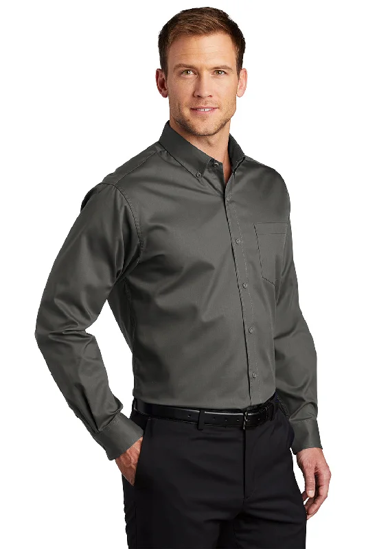 Port Authority Mens SuperPro Wrinkle Resistant Long Sleeve Button Down Shirt w/ Pocket - Sterling Grey