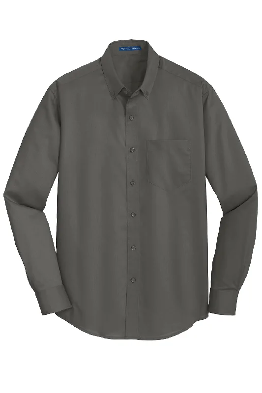 Port Authority Mens SuperPro Wrinkle Resistant Long Sleeve Button Down Shirt w/ Pocket - Sterling Grey