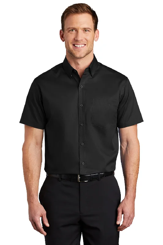 Port Authority Mens SuperPro Wrinkle Resistant Short Sleeve Button Down Shirt w/ Pocket - Black