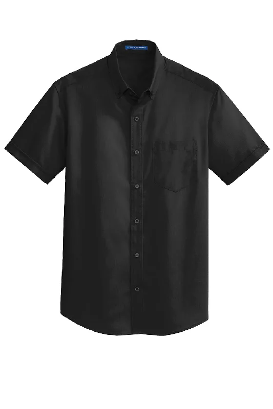 Port Authority Mens SuperPro Wrinkle Resistant Short Sleeve Button Down Shirt w/ Pocket - Black