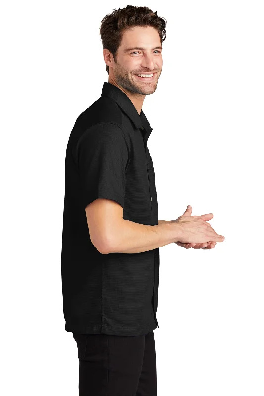 Port Authority Mens Wrinkle Resistant Short Sleeve Button Down Camp Shirt w/ Pocket - Black - Closeout