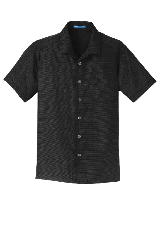 Port Authority Mens Wrinkle Resistant Short Sleeve Button Down Camp Shirt w/ Pocket - Black - Closeout