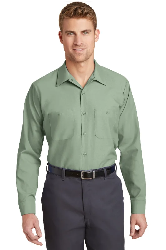 Red Kap Mens Industrial Moisture Wicking Long Sleeve Button Down Shirt w/ Double Pockets - Light Green