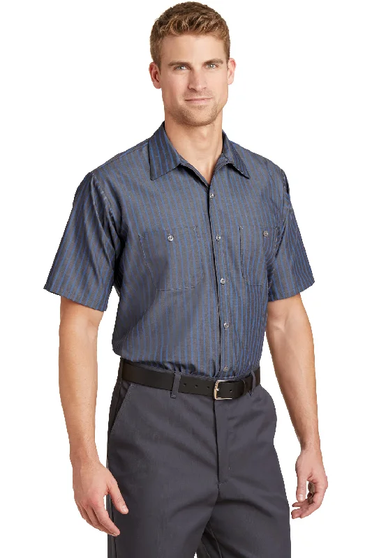 Red Kap Mens Industrial Moisture Wicking Short Sleeve Button Down Shirt w/ Double Pockets - Grey/Blue