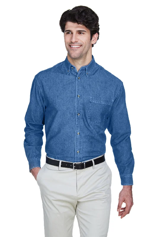 UltraClub Mens Cypress Denim Long Sleeve Button Down Shirt w/ Pocket - Indigo Blue