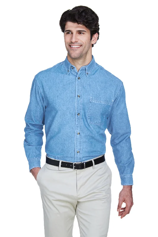 UltraClub Mens Cypress Denim Long Sleeve Button Down Shirt w/ Pocket - Light Blue