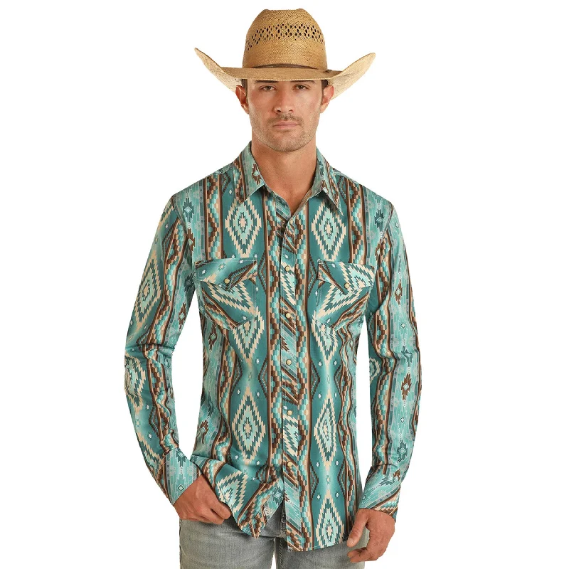 Rock & Roll Men's Turquoise & Brown Aztec Long Sleeve