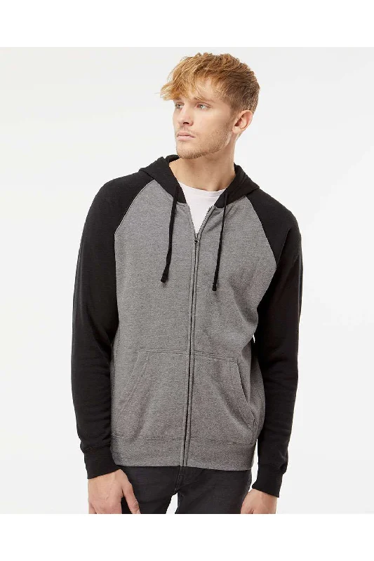 Independent Trading Co. Mens Special Blend Raglan Full Zip Hooded Sweatshirt Hoodie - Heather Nickel Grey/Black - NEW