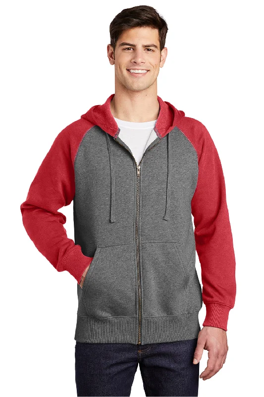 Sport-Tek Mens Shrink Resistant Fleece Full Zip Hooded Sweatshirt Hoodie - Heather Vintage Grey/True Red