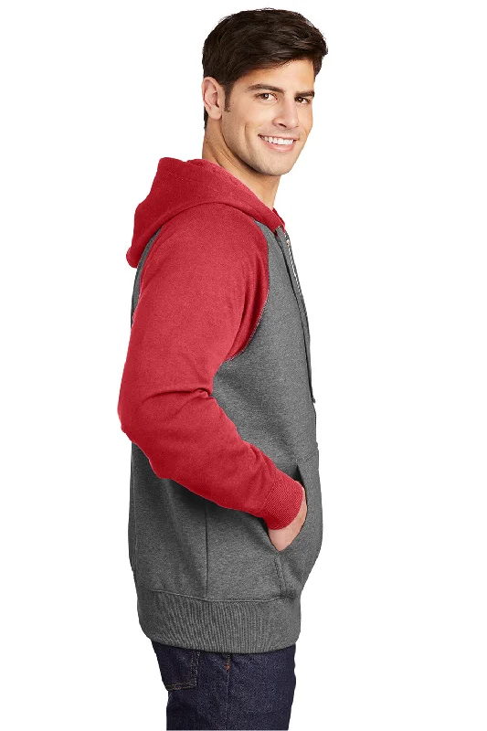 Sport-Tek Mens Shrink Resistant Fleece Full Zip Hooded Sweatshirt Hoodie - Heather Vintage Grey/True Red