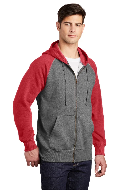 Sport-Tek Mens Shrink Resistant Fleece Full Zip Hooded Sweatshirt Hoodie - Heather Vintage Grey/True Red