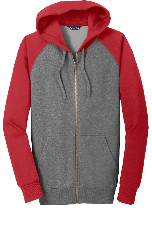 Sport-Tek Mens Shrink Resistant Fleece Full Zip Hooded Sweatshirt Hoodie - Heather Vintage Grey/True Red