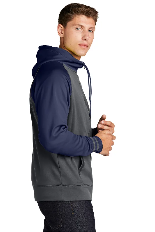 Sport-Tek Mens Sport-Wick Moisture Wicking Fleece Hooded Sweatshirt Hoodie - Dark Smoke Grey/Navy Blue