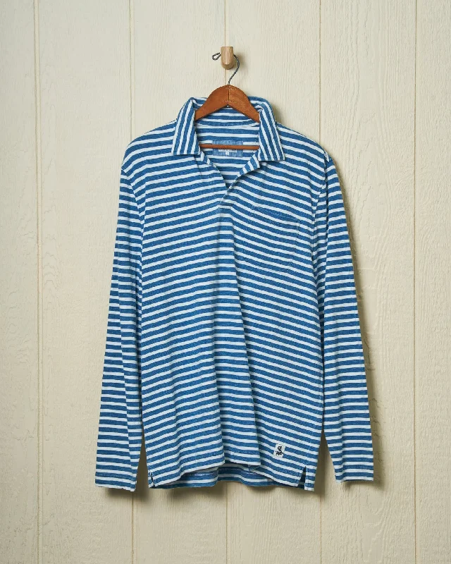 Long Sleeve Indigo Polo in Blue/White Even Stripe