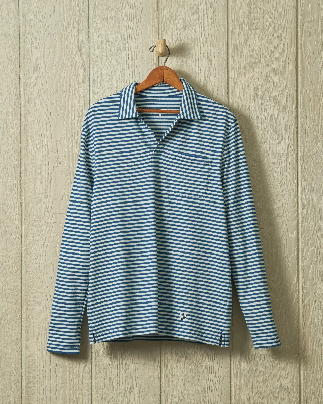 Long Sleeve Indigo Polo in Blue/White Stripe