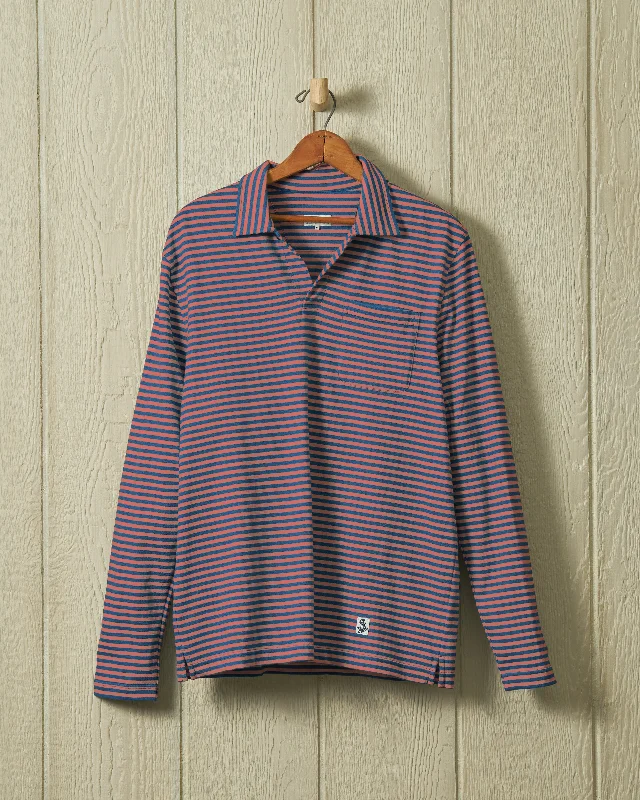 Long Sleeve Indigo Polo in Faded Red/Navy Even Stripe