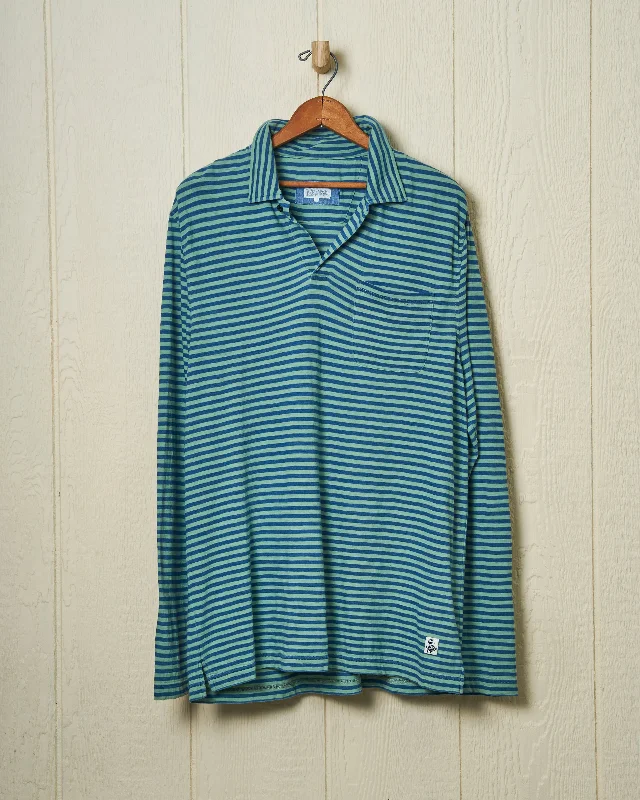 Long Sleeve Indigo Polo in Faded Spruce/Navy Even Stripe