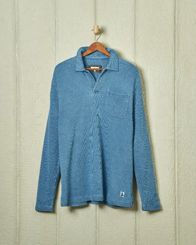 Long Sleeve Indigo Polo in Solid Waffle Knit