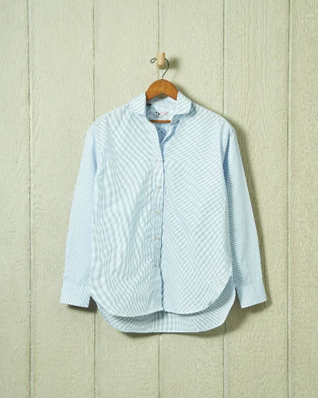 Women's Sea-Washed Round Collar Blouse in Light Blue Graph Check