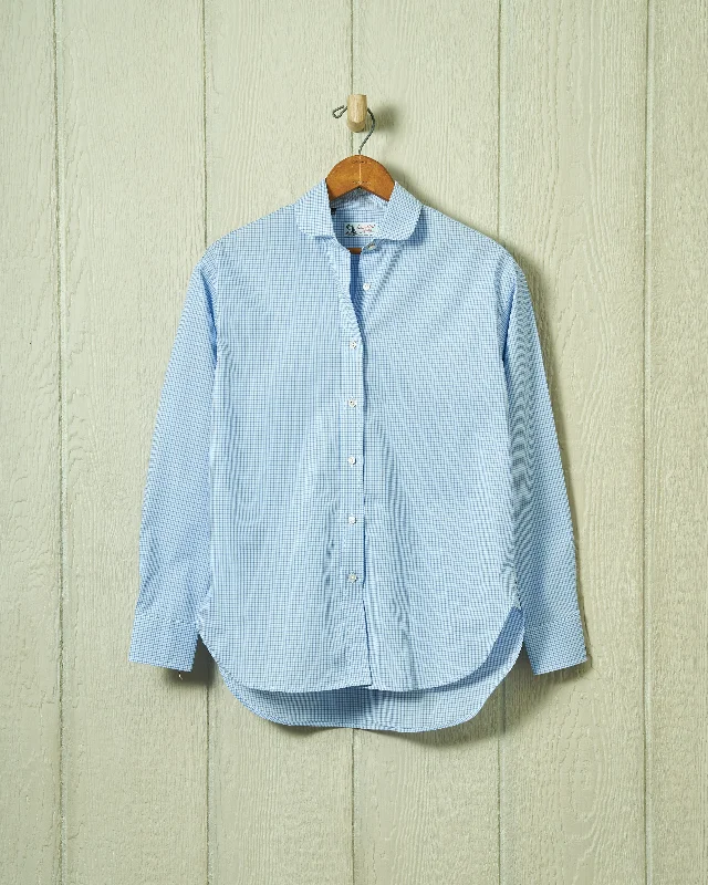 Women's Sea-Washed Round Collar Blouse in Multi-Blue Tattersall