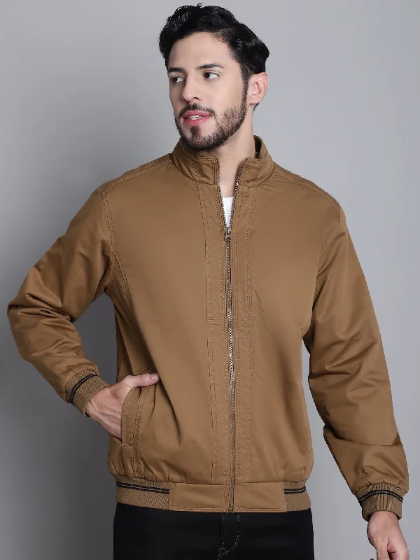 Solid Brown Full Sleeves Mock Collar Regular Fit Casual Jacket for Mens