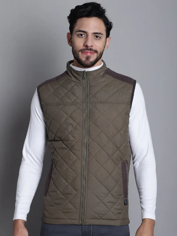 Solid Olive and Beige Sleeveless Mock Collar Regular Fit Reversible Casual Jacket For Mens