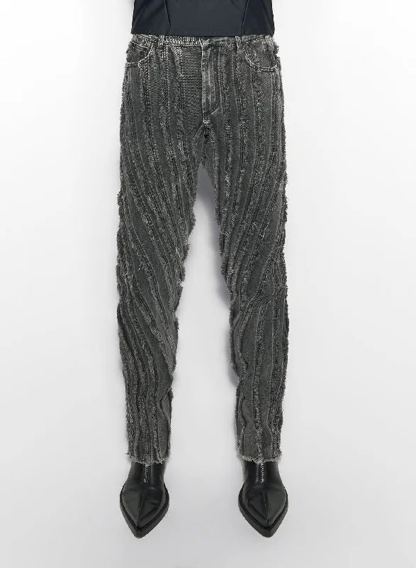 black raw edge spiral baggy jeans