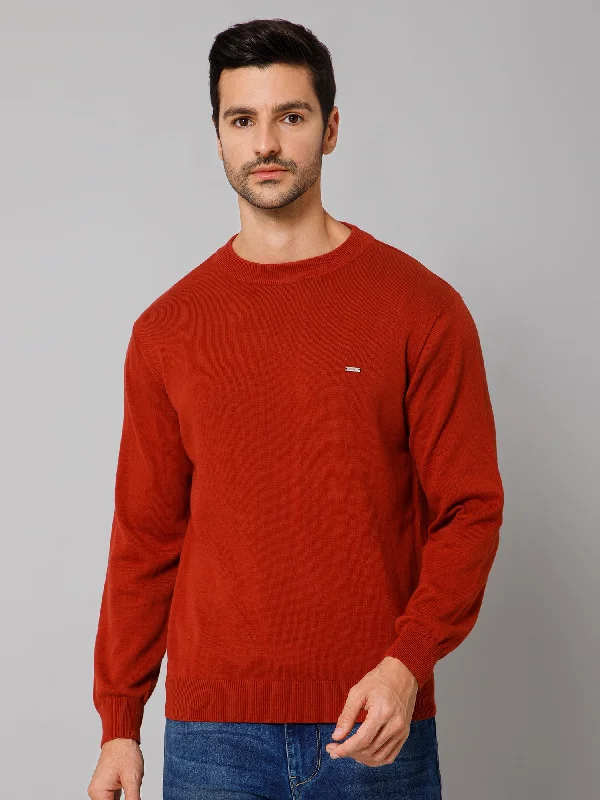 Solid Rust Full Sleeves Round Neck Regular Fit Casual Sweater for Men