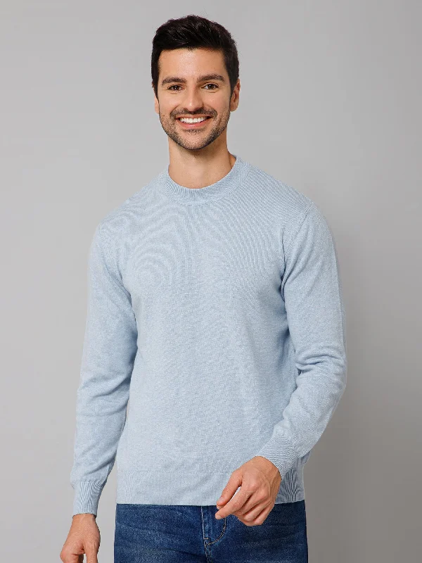 Solid Sky Blue Full Sleeves Round Neck Regular Fit Casual Sweater for Men