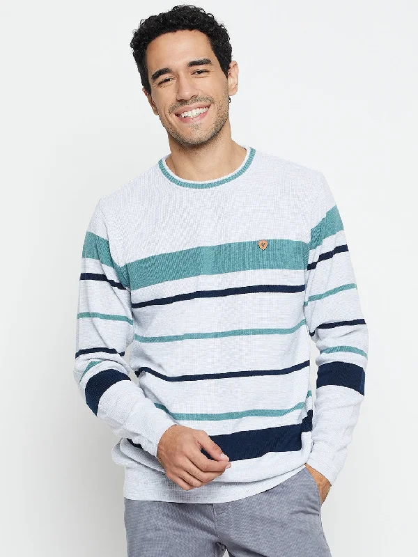 Striped Grey Full Sleeves Round Neck Regular Fit Casual Sweater for Men