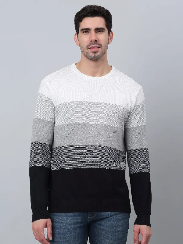 Striped Navy Blue Full Sleeves Round Neck Regular Fit Casual Sweater for Men