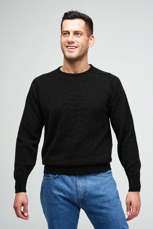 Men's Lambswool Saddle Shoulder Crew Neck - Black